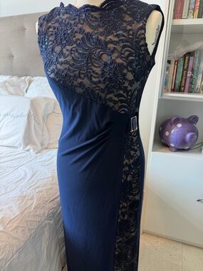 R&M Richards Navy Blue Lace Maxi Dress with Sequin Detail